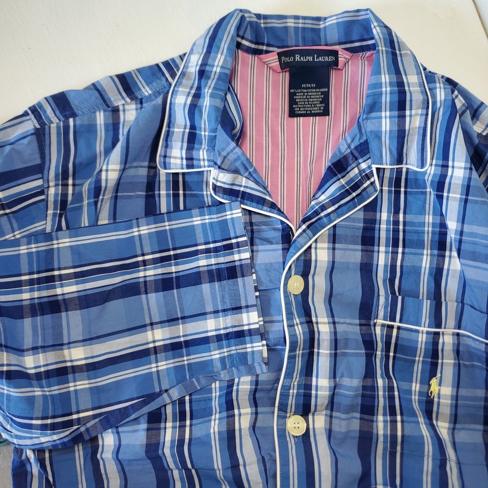 Polo Ralph Lauren Mens Pajama Top‎ Blue Plaid Sleep Shirt Sleepwear